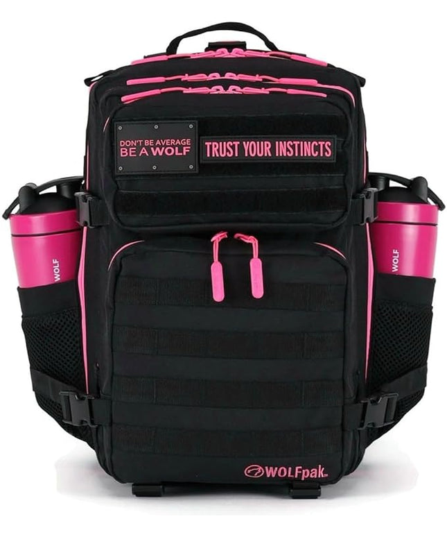 WOLFpak 35L Athletic Gym Backpack - Durable 1000D Waterproof Oxford Material with MOLLE Webbing, Laptop Pocket & Dual Cup Holders, Durable Fitness/Travel/Military Daypack (Black Neon Pink)