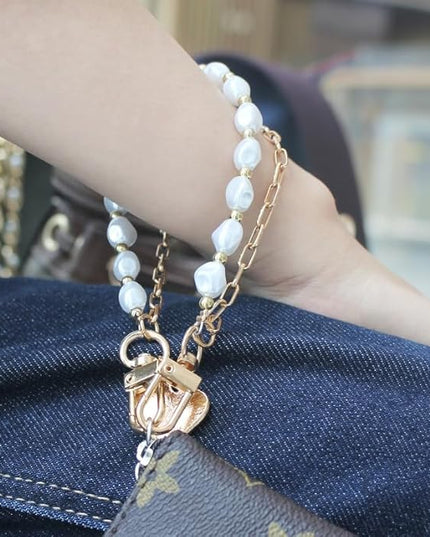 Pearl Beaded Phone Charm Wrist Strap,Cute Bracelet Wristlet Lanyard,Gold Double Chain for Phone Case,Purse Bag Wallet