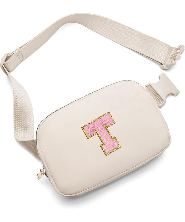 Gitus Belt Bag Fanny Pack Crossbody Bags with Initial Letter Patch Cute Stuff Birthday Gifts for Teenager Girls Trendy Preppy Stuff for Teen Girls(Beige-T)