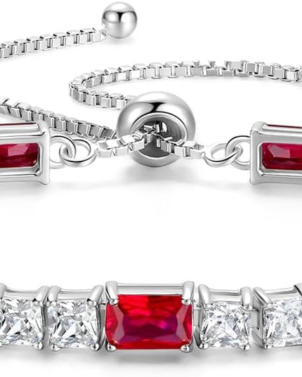 FANCIME Birthstone Bracelet for Women, Sterling Silver 4x6mm Gemstone Tennis Bracelet Bolo Adjustable Chain Fine Jewelry Birthday Gifts for Women Mom Wife Her