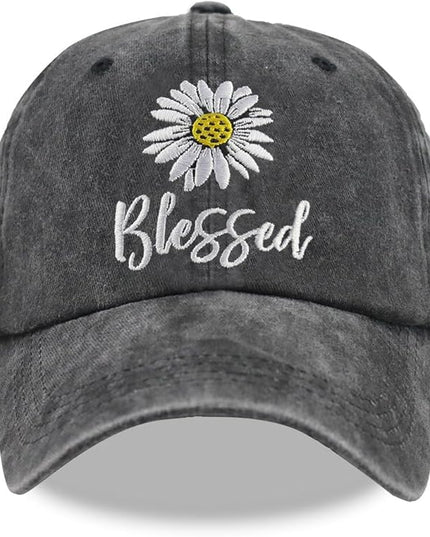 MANMESH HATT Embroidered Daisy Blessed Hat for Women Men, Adjustable Vintage Washed Cotton Christian Baseball Cap
