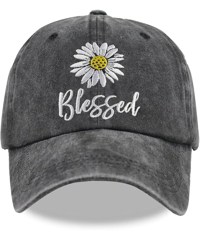 MANMESH HATT Embroidered Daisy Blessed Hat for Women Men, Adjustable Vintage Washed Cotton Christian Baseball Cap