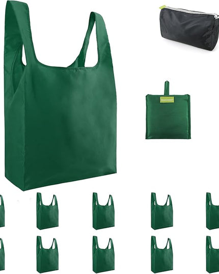 BeeGreen Christmas Green Reusable Grocery Bags with Zipper Storage Pouch 10 Packs Dark Green Reusable Shopping Bags Bulk Foldable-Machine Washable