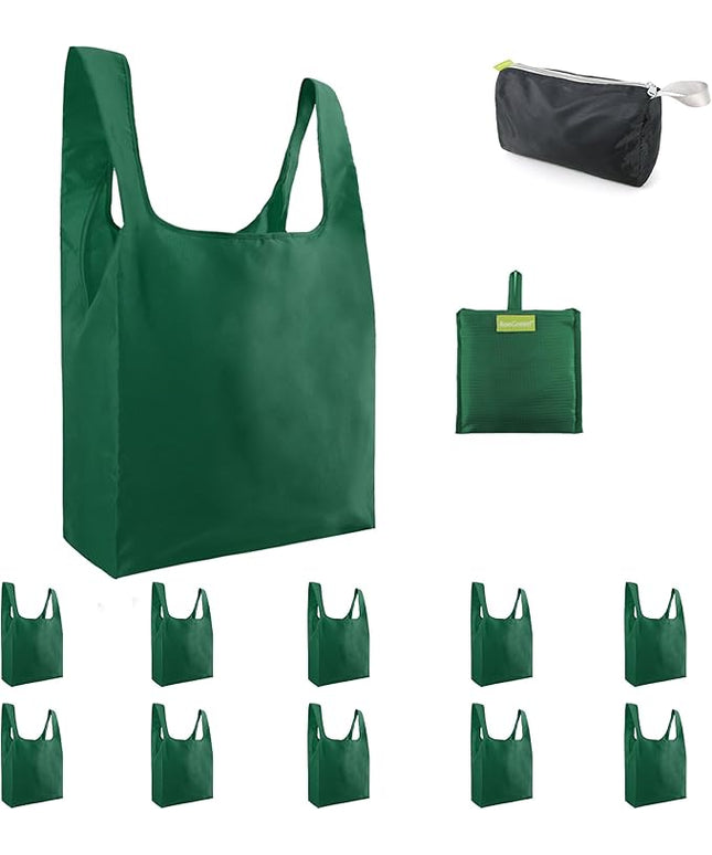 BeeGreen Christmas Green Reusable Grocery Bags with Zipper Storage Pouch 10 Packs Dark Green Reusable Shopping Bags Bulk Foldable-Machine Washable