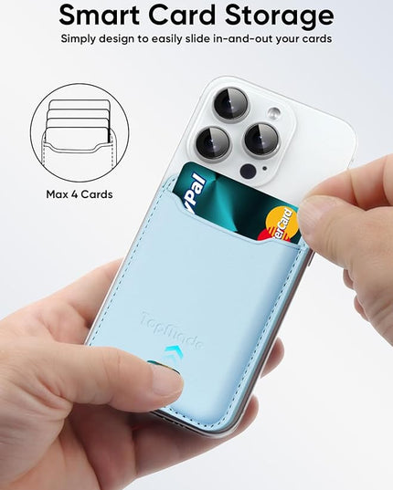 TopMade Phone Card Holder, Premium Leather Phone Wallet Stick on, Stronger 3M Adhesive Credit Card Holder for Back of Phone Case, iPhone, Samsung, and Android, RFID Blocking, Fit 4 Cards, Sky Blue