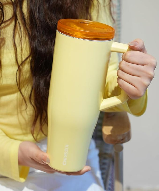 KISSKIND 40 oz Lumispin Tumbler with Handle and Hidden Straw, 100% Leak Proof Water Cup with Handle, Insulated Water Bottle for Travel, Mom, Nurse, Teacher, Student, Butter Yellow