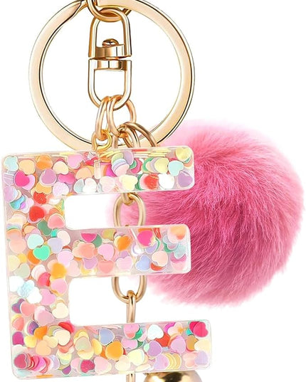 Resin Alphabet Initial Letter Keychain Keyring for Women Purse Handbags With Fur Ball Pom