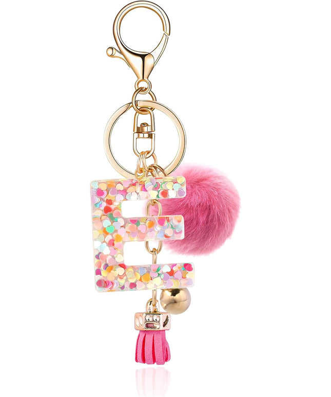 Resin Alphabet Initial Letter Keychain Keyring for Women Purse Handbags With Fur Ball Pom