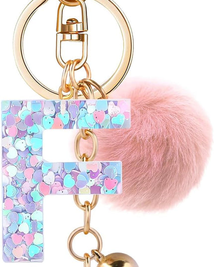 Resin Alphabet Initial Letter Keychain Keyring for Women Purse Handbags With Fur Ball Pom