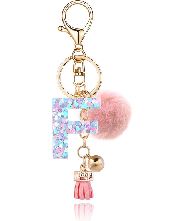 Resin Alphabet Initial Letter Keychain Keyring for Women Purse Handbags With Fur Ball Pom