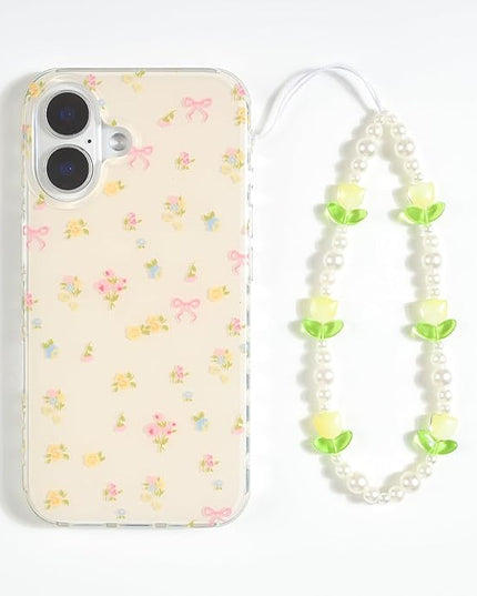 Beaded Phone Charms Cute Aesthetic Tulip Lanyard Strap Girl Wrist Chain, Phone Keychain Decoration for Wallet AirPods-Yellow