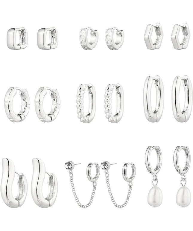 9 Pairs Gold Chunky Hoop Earrings Set for Women, 14K Gold Plated Twisted Huggie Hoop Earring Hypoallergenic, Lightweight Thick Open Hoops Earrings Jewelry Gifts.