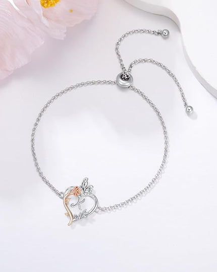 TOUPOP Gifts for Women Rose Heart Initial Bracelet 925 Sterling Silver Butterfly Letter Link Bracelet Love Jewelry Valentines Day Birthday Gifts for Her Wife Girlfriend Mom
