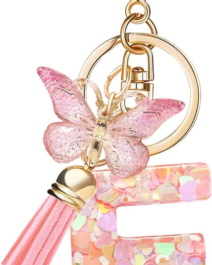 Fashion Alphabet Initial Letter Keychain Tassel Butterfly Pendant Key Ring for Purse Handbags Women Girl