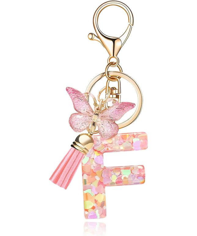 Fashion Alphabet Initial Letter Keychain Tassel Butterfly Pendant Key Ring for Purse Handbags Women Girl