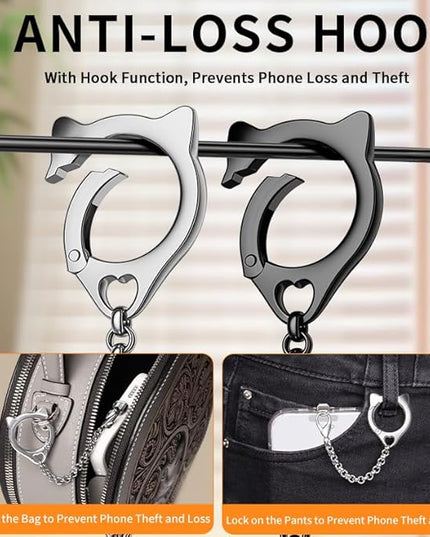 Metal Cat Head Phone Finger Grip Ring Chain Lanyard Keychain Holder Heavy Duty 5KG Capacity Anti-Loss Strap Anti Theft for All Phones Keys Earbuds USB Drives with Stainless Steel Clip Tether Black
