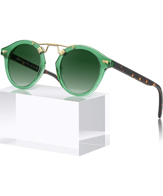 CARFIA Small Face Acetate Polarized Sunglasses for Women UV Protection, Retro Double Bridge Eyewears Metal Brow Round Sunnies