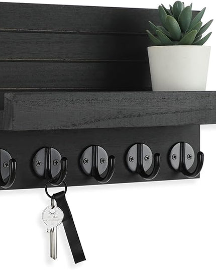 Lwenki Key Holder for Wall, Decorative Key and Mail Holder with Shelf Has Large Hooks for Bags, Coats, Umbrella – Paulownia Wood Key Hanger with Mounting Hardware (9.8”W x 6.7”H x 4.2”D)