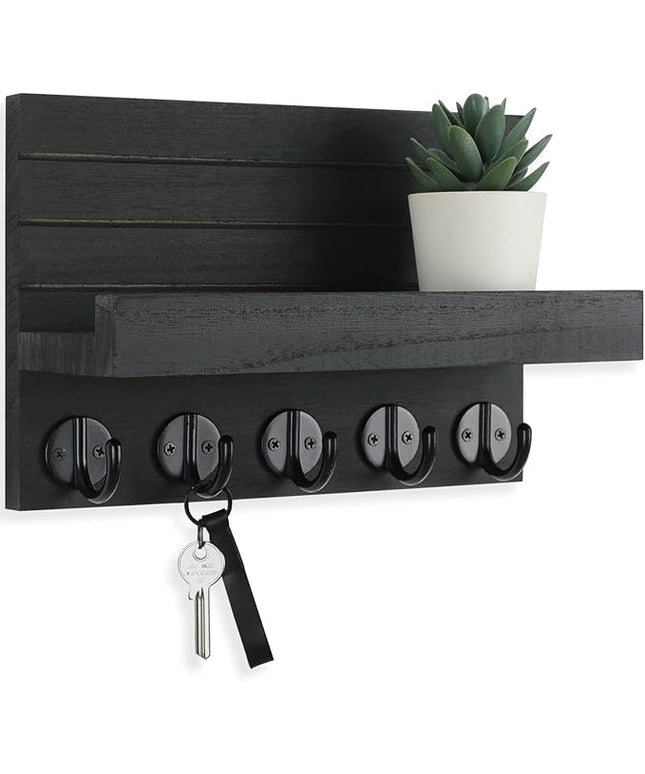 Lwenki Key Holder for Wall, Decorative Key and Mail Holder with Shelf Has Large Hooks for Bags, Coats, Umbrella – Paulownia Wood Key Hanger with Mounting Hardware (9.8”W x 6.7”H x 4.2”D)