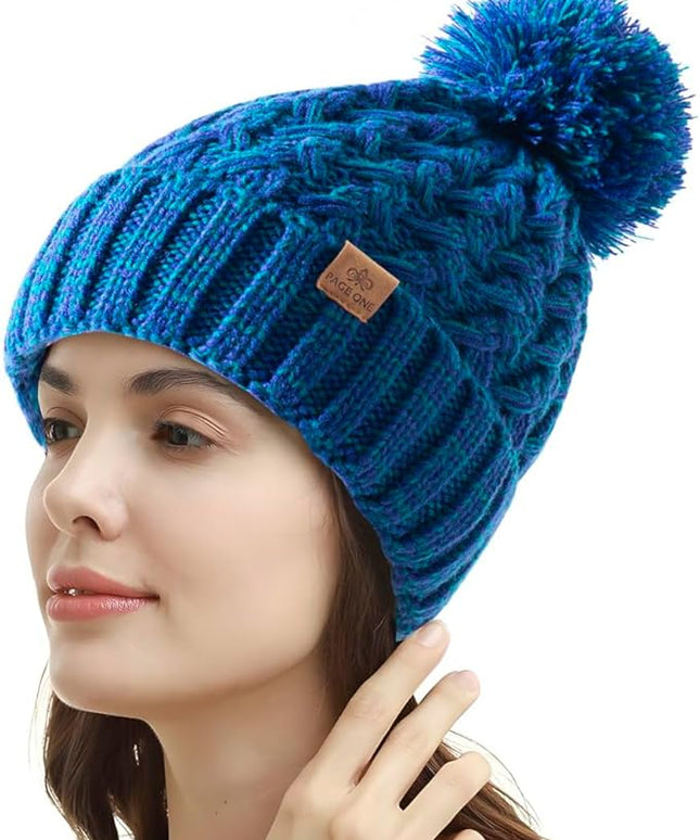 PAGE ONE Womens Winter Ribbed Beanie Crossed Cap Chunky Cable Knit Pompom Soft Warm Hat