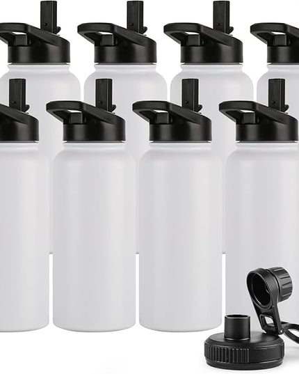 DOMICARE 32 oz Insulated Water Bottle Bulk, Vacuum Insulated Stainless Steel Sports Water Bottle with Straw Lid & Spout Lid, Leakproof, Reusable - Travel, Camping, Bike, White (8 Pack)