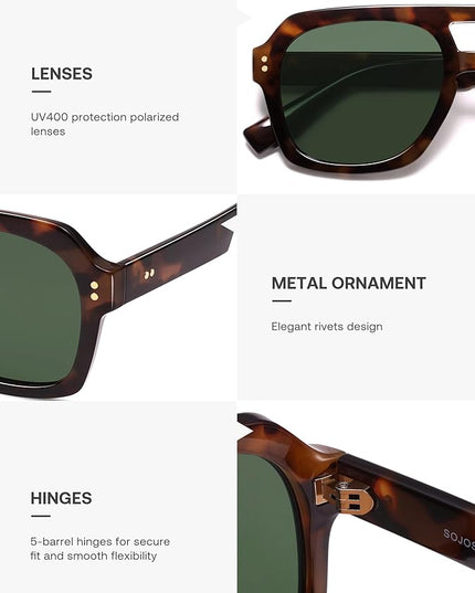 SOJOS Retro Thick Polarized Aviator Sunglasses for Women Men, Large Trendy Bold Square Pilot Shades SJ2385