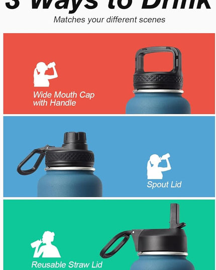 Water Bottle 32 oz Insulated with Straw, Coolflask Stainless Steel Metal 3 Lids Water Flask Wide Mouth for Sports or Office, Non-BPA Keep Cold Up to 48 Hrs or Hot Up to 24 Hrs, Samurai Cyan