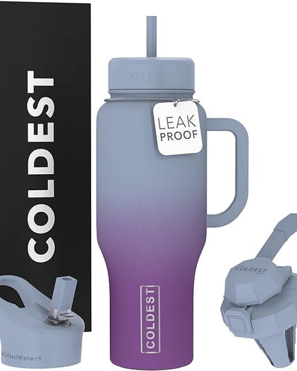 Coldest Tumbler with Handle and Straw - 100% Leak Proof Insulated Tumbler with Lid and Straw (3 Lids) - Stainless Steel Tumblers for Women & Men - Cup Holder Friendly Base, 36 oz (Monsoon)