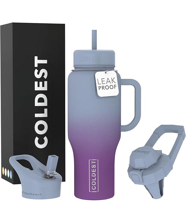 Coldest Tumbler with Handle and Straw - 100% Leak Proof Insulated Tumbler with Lid and Straw (3 Lids) - Stainless Steel Tumblers for Women & Men - Cup Holder Friendly Base, 36 oz (Monsoon)