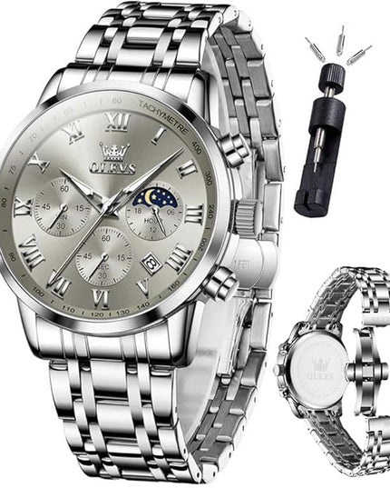 OLEVS Mens Watch Luxury Big Face Stainless Steel Analog Quartz Multifunctional Waterproof Luminous Date Two Tone Fashion Dress Wrist Watches for Man