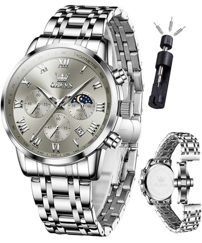 OLEVS Mens Watch Luxury Big Face Stainless Steel Analog Quartz Multifunctional Waterproof Luminous Date Two Tone Fashion Dress Wrist Watches for Man