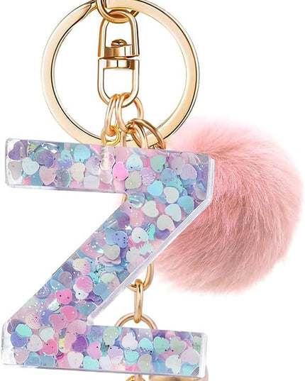 Resin Alphabet Initial Letter Keychain Keyring for Women Purse Handbags With Fur Ball Pom