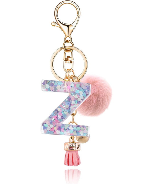 Resin Alphabet Initial Letter Keychain Keyring for Women Purse Handbags With Fur Ball Pom