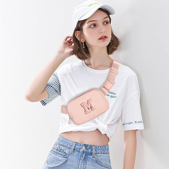 Gitus 6 7 8 9 10 Year Old Girl Gifts Belt Bag Fanny Pack Crossbody Bags with Initial Letter Patch Things for Teen Girls Easter Gifts for Girls Travel Essentials（Coral Pink-M）