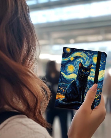 Starry Sky Passport Holder Cat Passport Cover for Travel PU Leather Passport Case with Credit Card Slots for Women Men Business Tourism
