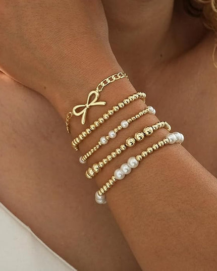 Gold Beaded Bracelets for Women, 14K Real Gold Plated Jewelry for Women Dainty Pearl Bead Bracelets Stack, Non Tarnish Trendy Stackable Ball Cross Stretch Bracelet Set Fashion Accessories Gifts