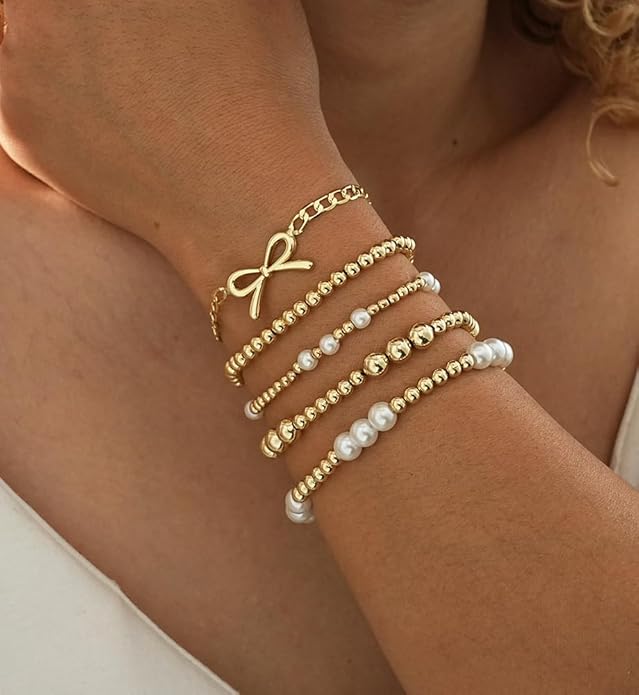 Gold Beaded Bracelets for Women, 14K Real Gold Plated Jewelry for Women Dainty Pearl Bead Bracelets Stack, Non Tarnish Trendy Stackable Ball Cross Stretch Bracelet Set Fashion Accessories Gifts