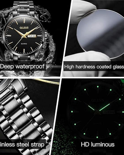 OLEVS Men's Luxury Watch Waterproof Luminous Easy Read Chronograph Watches Full Gold/White Dail/Black Face with Calendar Wristwatch