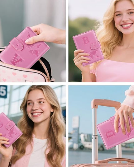 Passport Holder Cover Initail Letter A-Z Travel Wallet 3D Embossed Design RFID Blocking Card Holder Personalized Gift Passport Cover Wallet, Passport Book Holders for Women and Girls, Pink-A