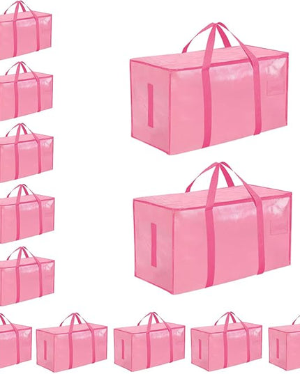 12 Pack-Extra Large Heavy Duty Moving Bags - Waterproof Storage Totes with Handles & Zippers, Foldable for College Dorm, Storage (Pink)
