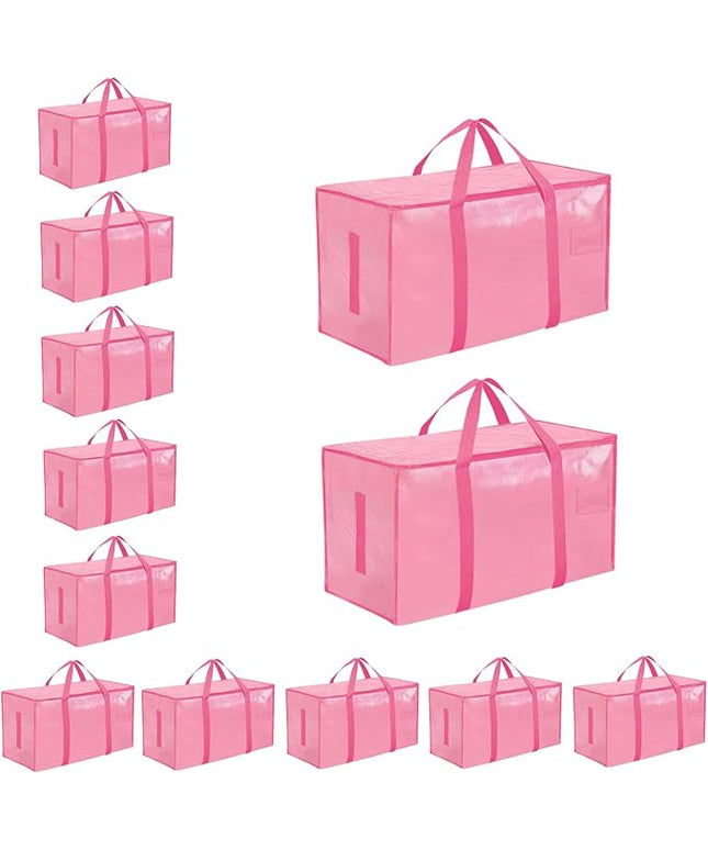12 Pack-Extra Large Heavy Duty Moving Bags - Waterproof Storage Totes with Handles & Zippers, Foldable for College Dorm, Storage (Pink)
