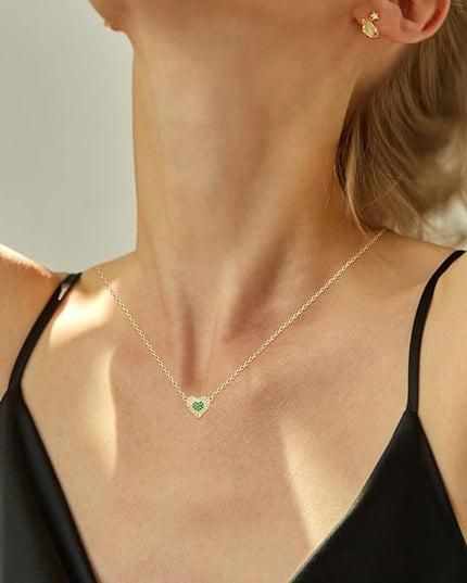 Dainty 14k Gold Heart Necklace, Birthstone Necklace for Women Trendy, Tiny Cubic Zirconia Choker Pendant Necklaces, Cute Love Jewelry Birthday Gifts for Girlfriend Daughter Niece Wife Her