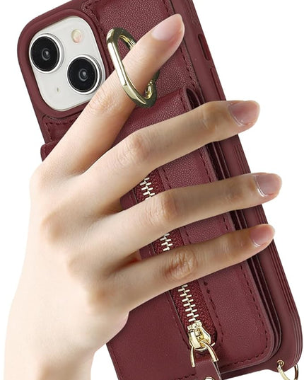 for iPhone 15 Wallet Case with Card Holder, for iPhone 15 Case Wallet with Strap Credit Card Slot, Crossbody Bag with Zipper Case for iPhone15 - Red Wine