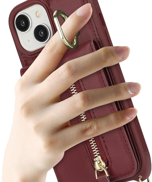 for iPhone 15 Wallet Case with Card Holder, for iPhone 15 Case Wallet with Strap Credit Card Slot, Crossbody Bag with Zipper Case for iPhone15 - Red Wine