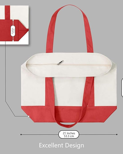 TOPDesign 6-Pack Canvas Tote Bags with an External Pocket, Reusable Grocery Shopping Bags, Top Zipper Closure, Daily Essentials (Red/Natural)