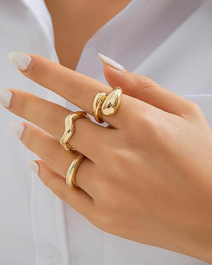 GiftInBox Gold Chunky Rings Set for Women Open Stacking Knuckle Ring Adjustable Round Dome Rings Set Minimalist Irregular Statement Women Ring Jewelry Gift