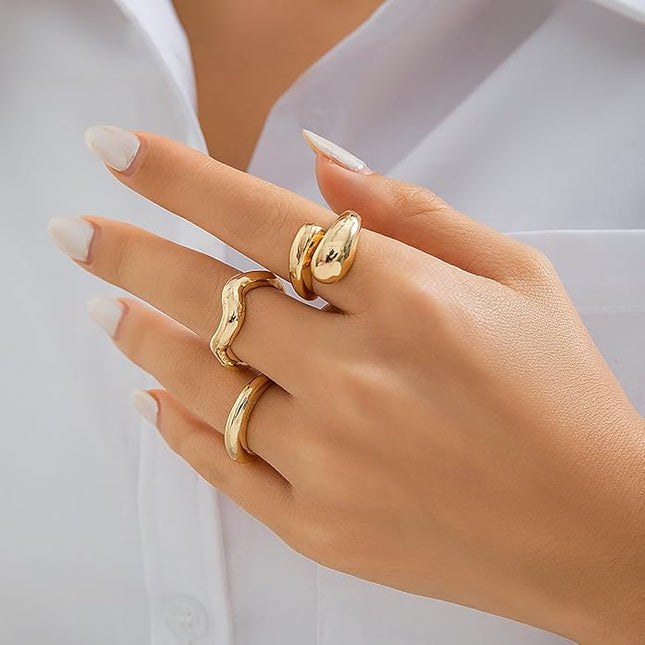 GiftInBox Gold Chunky Rings Set for Women Open Stacking Knuckle Ring Adjustable Round Dome Rings Set Minimalist Irregular Statement Women Ring Jewelry Gift