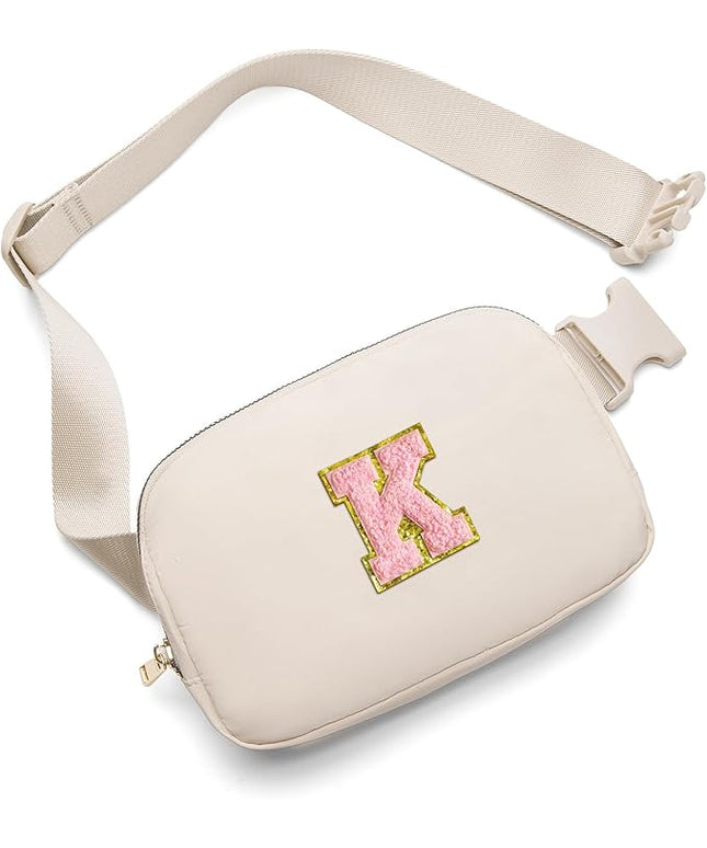 Gitus Belt Bag Fanny Pack Crossbody Bags with Initial Letter Patch Cute Stuff Birthday Gifts for Teenager Girls Trendy Preppy Stuff for Teen Girls(Beige-K)