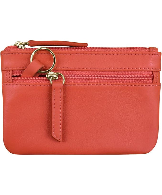 ili New York Mini Leather Coin Purse, Compact Design with Key Ring and RFID Protection for Women and Men in Vibrant Colors, Coral