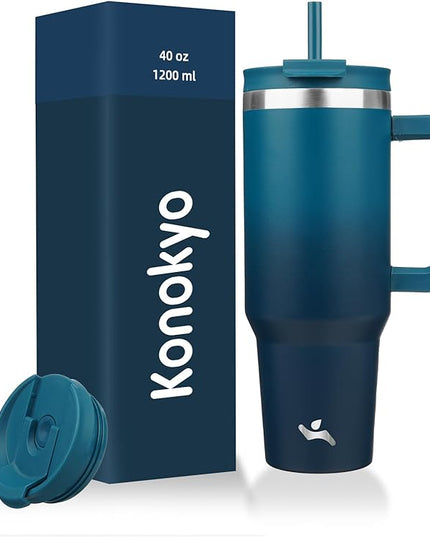 40 oz Tumbler with Handle and 2 Straws,2 in 1 Lid Insulated Water Bottle Stainless Steel Travel Coffee Mug,Indigo Black